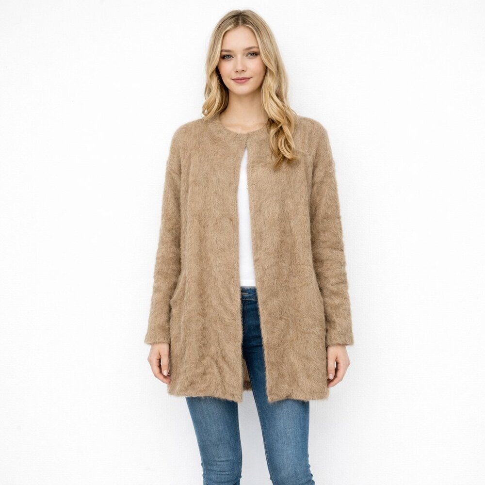 2/$30 Plush Coatigan Snap Button Front w Pockets Camel Brown Large #A1757